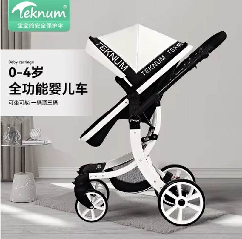 Luxury Baby Stroller 3 in 1,2024 New PU Leather Baby Stroller and Car Seat, High Landscape Portable Pushchair,White Pram